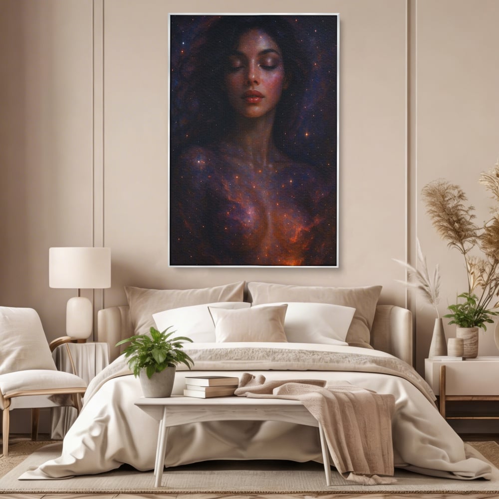 Tablou canvas cu tablou canvas cu femeie si galaxie, in rama de aluminiu argintiu, pe perete intr-un dormitor